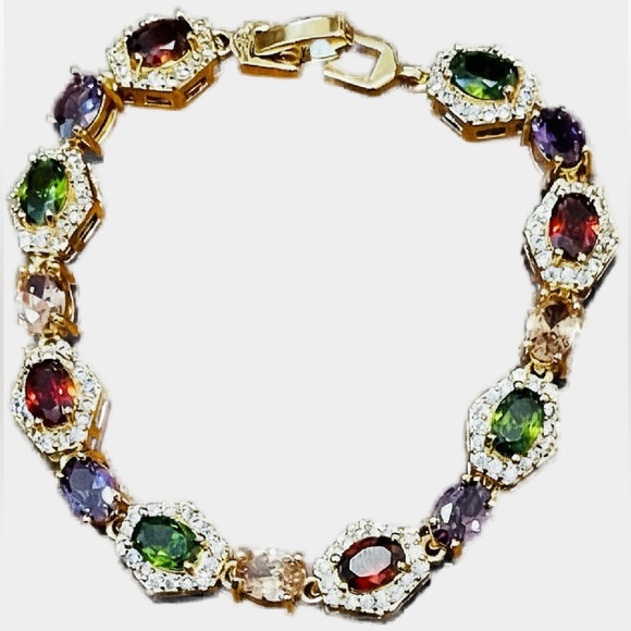 18K Gold Filled Multicolor Gemstone CZ Tennis Bracelet Red Green Purple Pink New - Picture 4 of 12